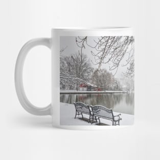 Snowy Benches by the Lake Mug